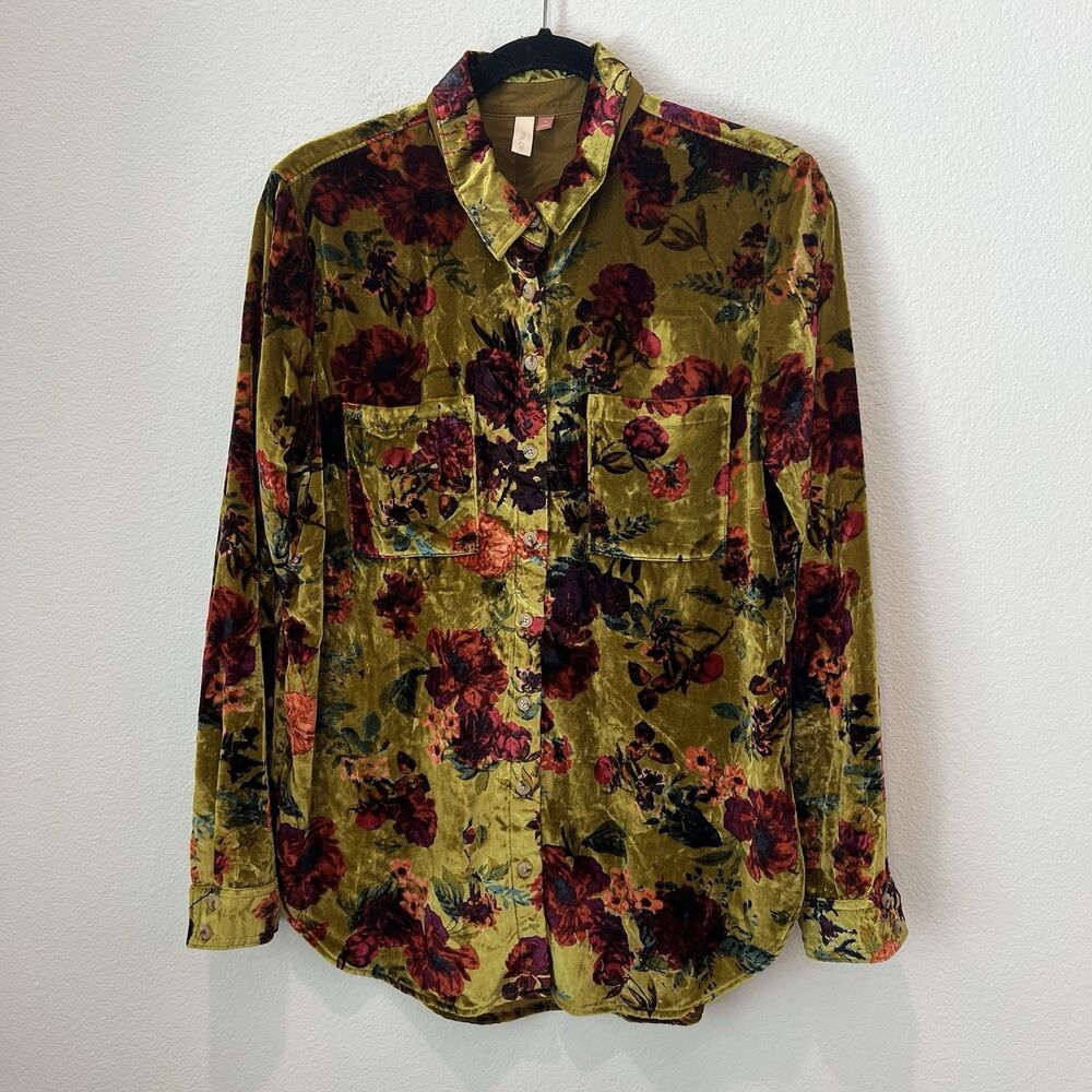 Anthropologie Pilcro Hadley Relaxed Velvet Burnout Shirt Small Mustard Festival - Picture 3 of 9